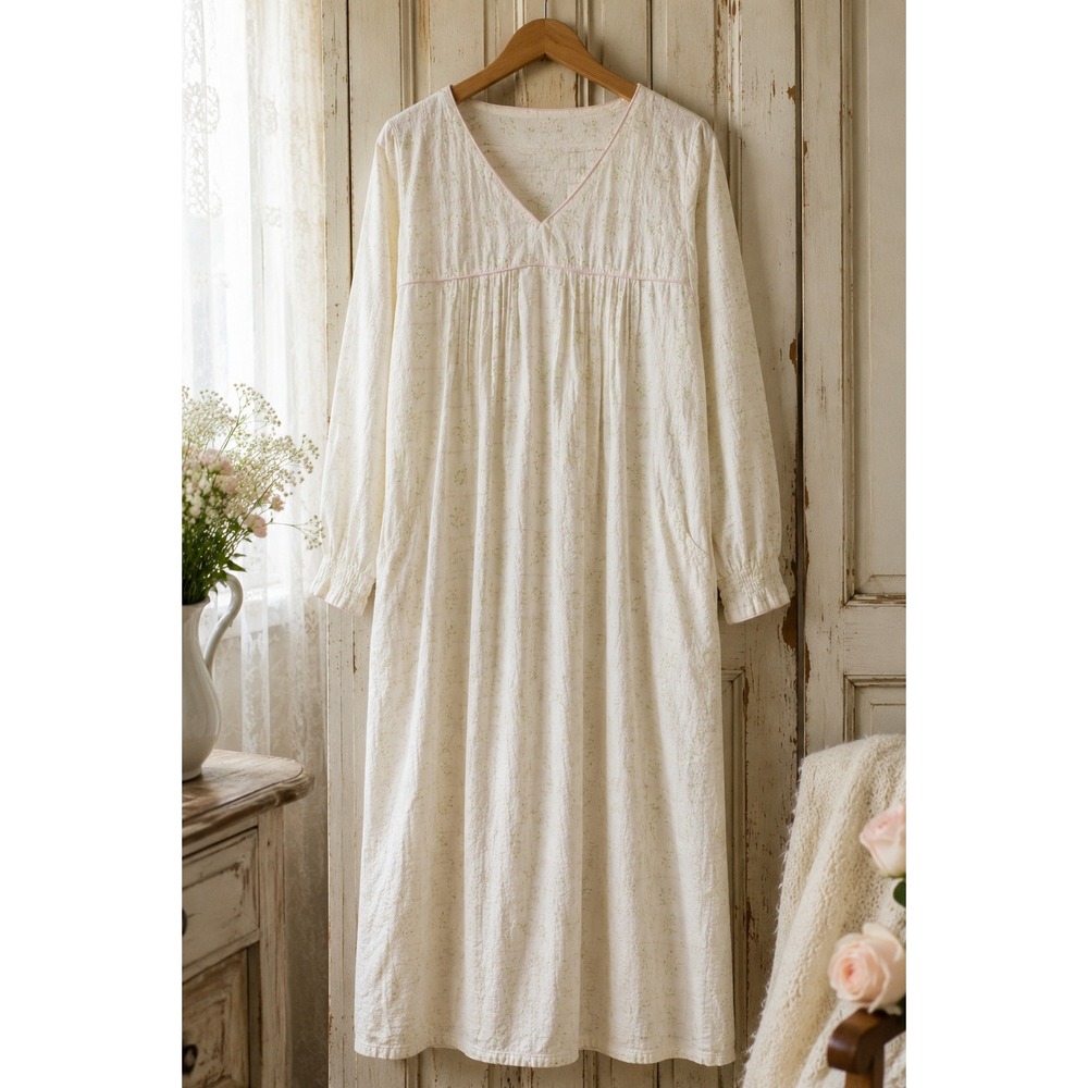 Floral Cotton Flannel Nightgown Long Sleep Dress Pockets Cottagecore Size S